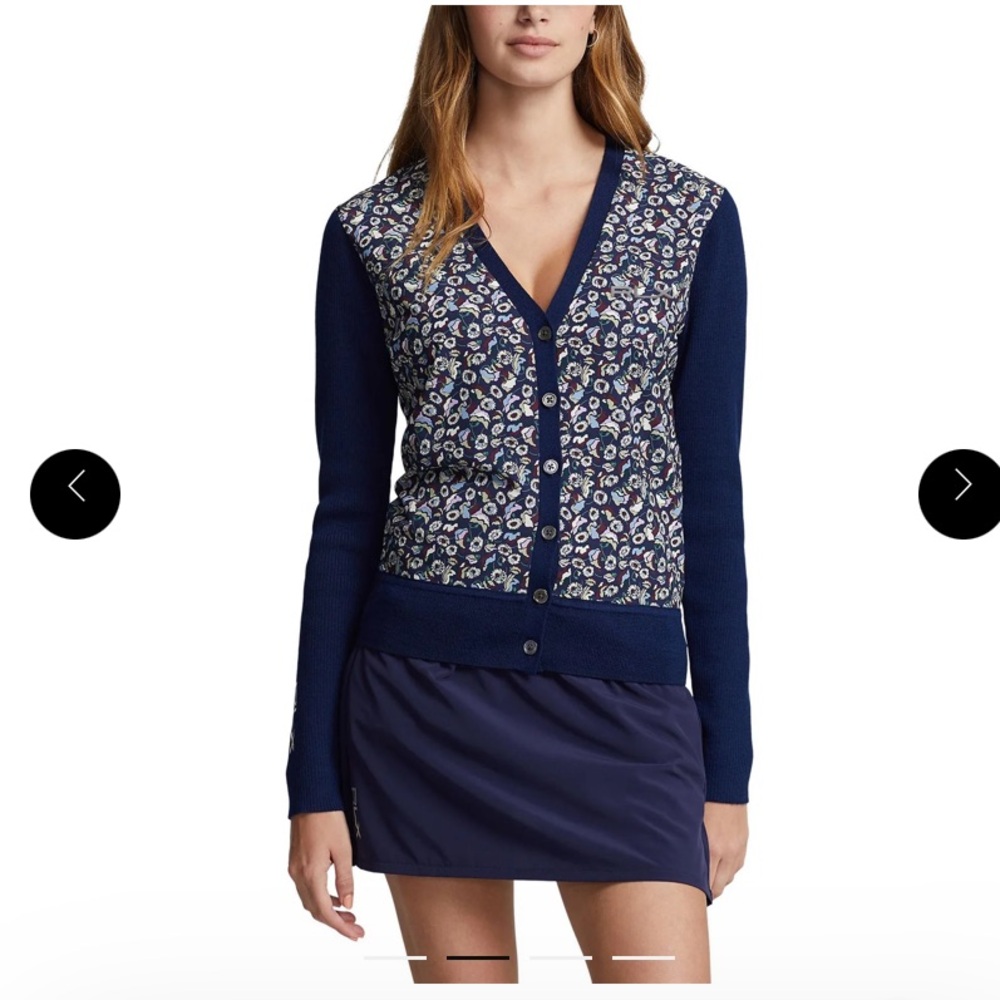RLX Ralph Lauren Woman’s Floral Woven-Front Wool-Blend Cardigan Sweater.